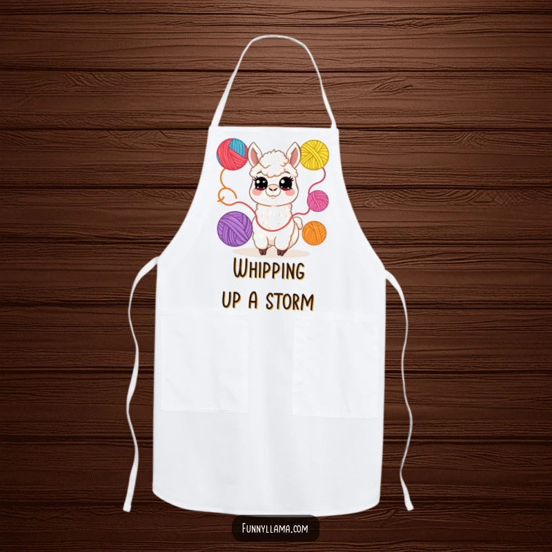 Funny Llama Apron: A humorous apron showcasing a cheerful llama juggling colorful yarn balls, perfect for crafters while working.
