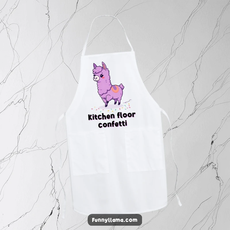 Funny Tripping Llama Apron showing a purple llama tripping with colorful confetti trailing, ideal for humorous kitchen activities.
