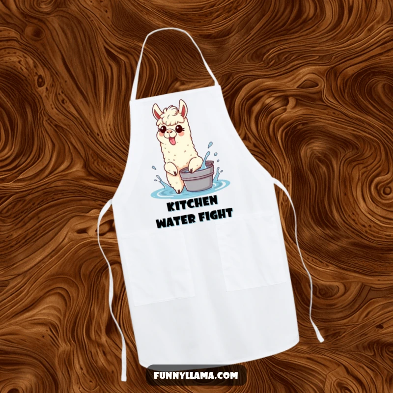 Funny Splashing Llama Apron showing a llama with its tongue out, playfully splashing water from a bucket, ideal for fun cooking.
