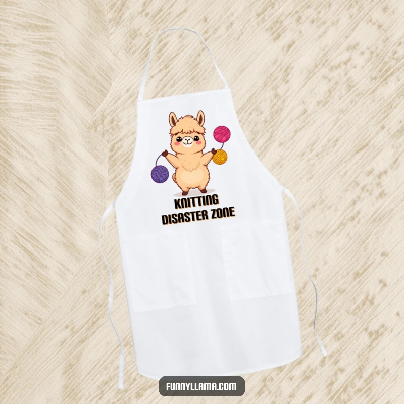 Funny Llama Apron showing a fuzzy brown llama with a wide, comical grin, juggling three balls of yarn, ideal for kitchen fun.