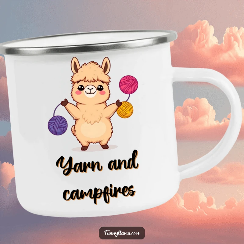 Funny Llama Camping Mug showing a happy fuzzy llama with a grin, juggling colorful yarn balls, ideal for outdoor enthusiasts.