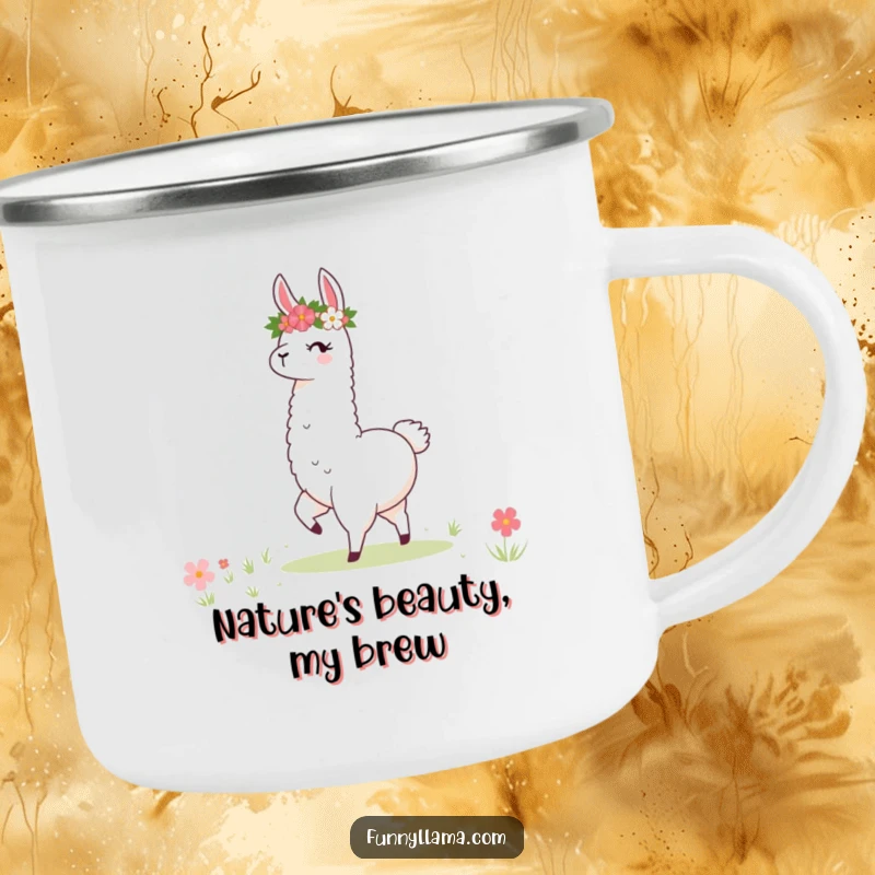 Funny Llama Camping Mug: A sturdy mug featuring a stylized llama with a flower crown twirling joyfully in a meadow.