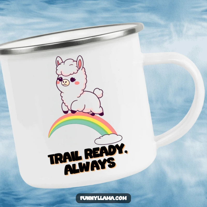 Funny Llama Camping Mug: A sturdy mug featuring a fluffy llama leaping goofily over a rainbow, perfect for outdoor trips.