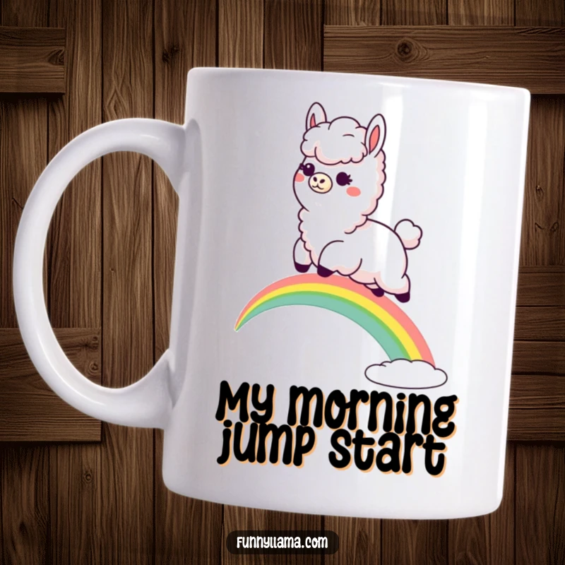 Funny Llama Mug: A fluffy llama with a goofy grin joyfully leaps over a vibrant rainbow in a whimsical illustration.