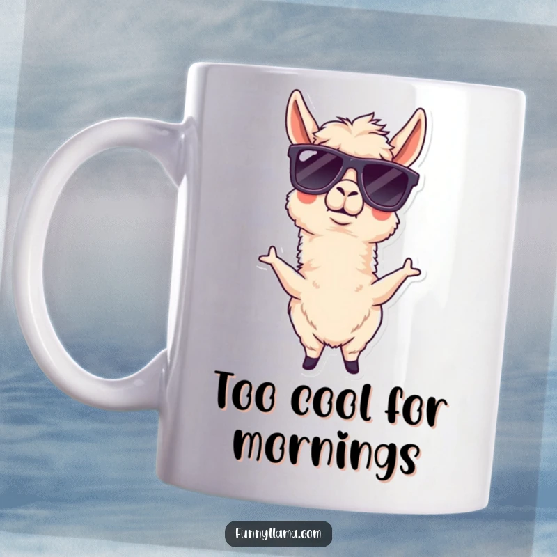 Funny llama mug with oversized sunglasses, striking a cool and goofy pose, perfect for a humorous coffee break.