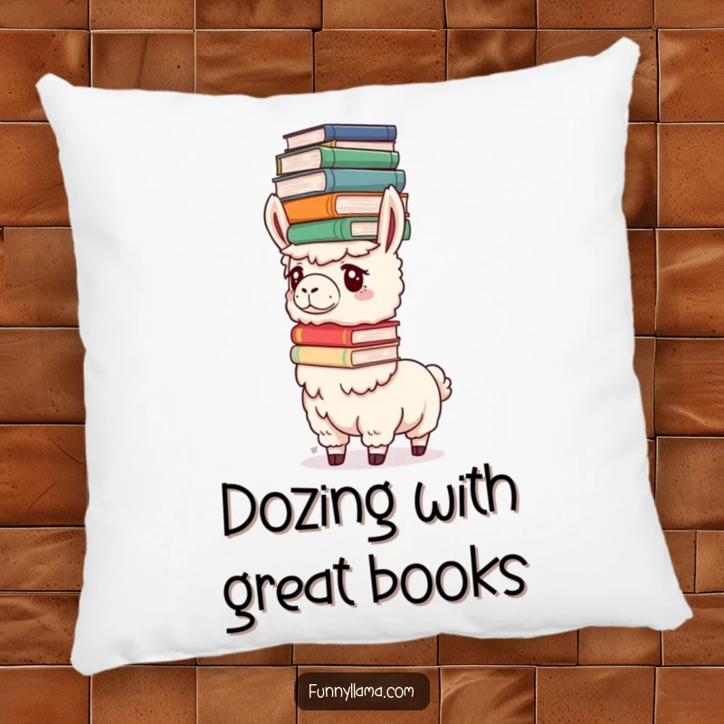 Funny Determined Llama Pillow featuring a llama balancing large books on its head, perfect for adding comfy, humorous decor.