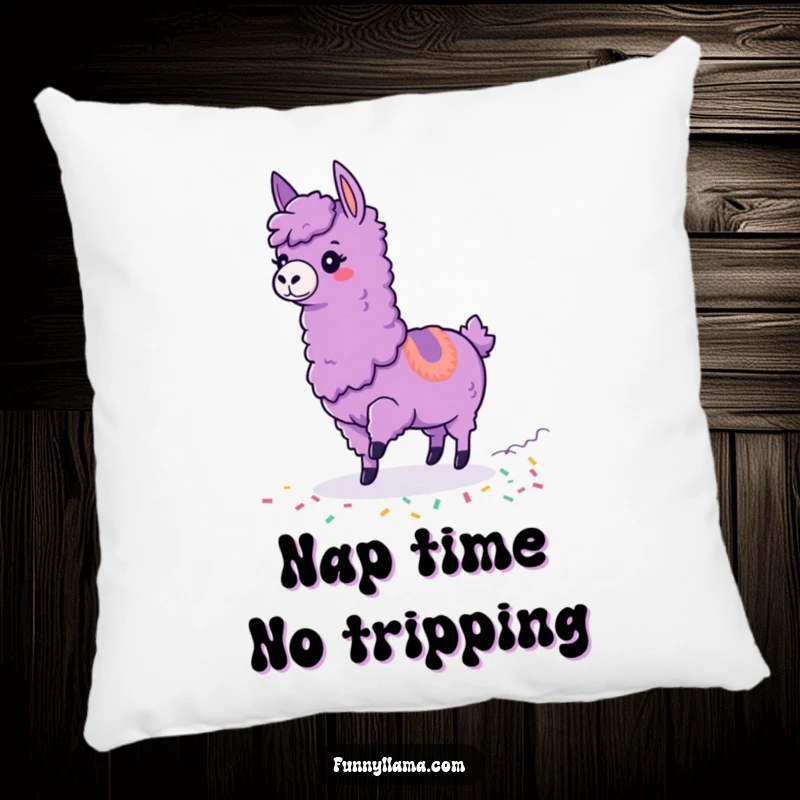 Funny Tripping Llama Pillow featuring a purple llama tripping over its feet amidst colorful confetti, adding humor to any room.