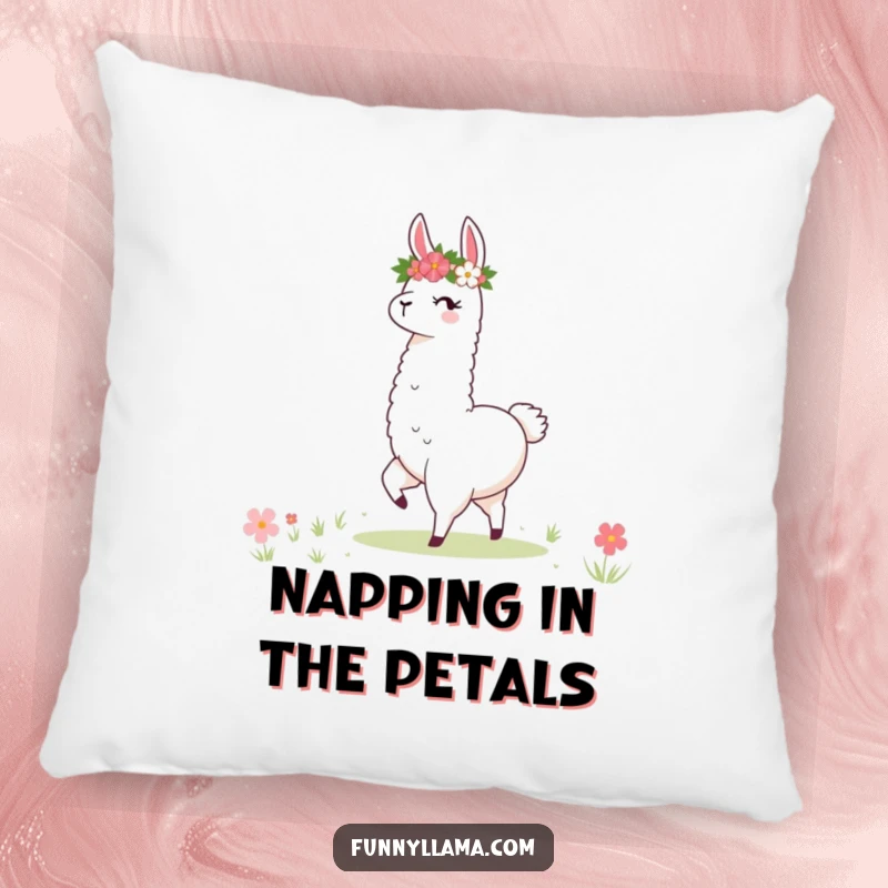Funny Llama Pillow: A plush pillow featuring a stylized llama with a flower crown twirling joyfully in a meadow.