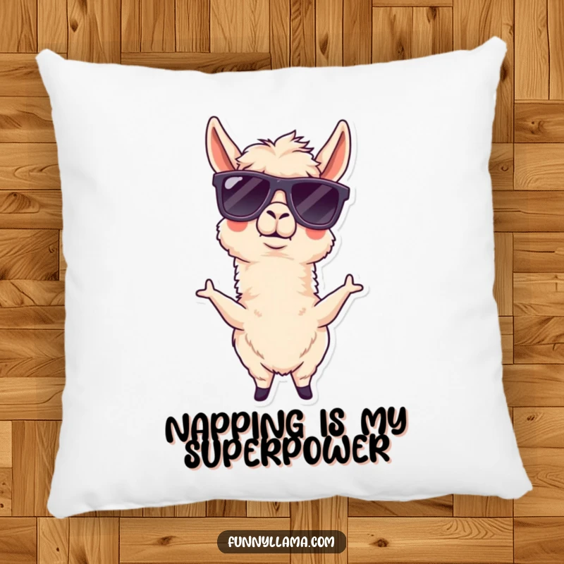 Funny llama pillow featuring a goofy llama wearing oversized sunglasses, adding a humorous and cozy touch to decor.