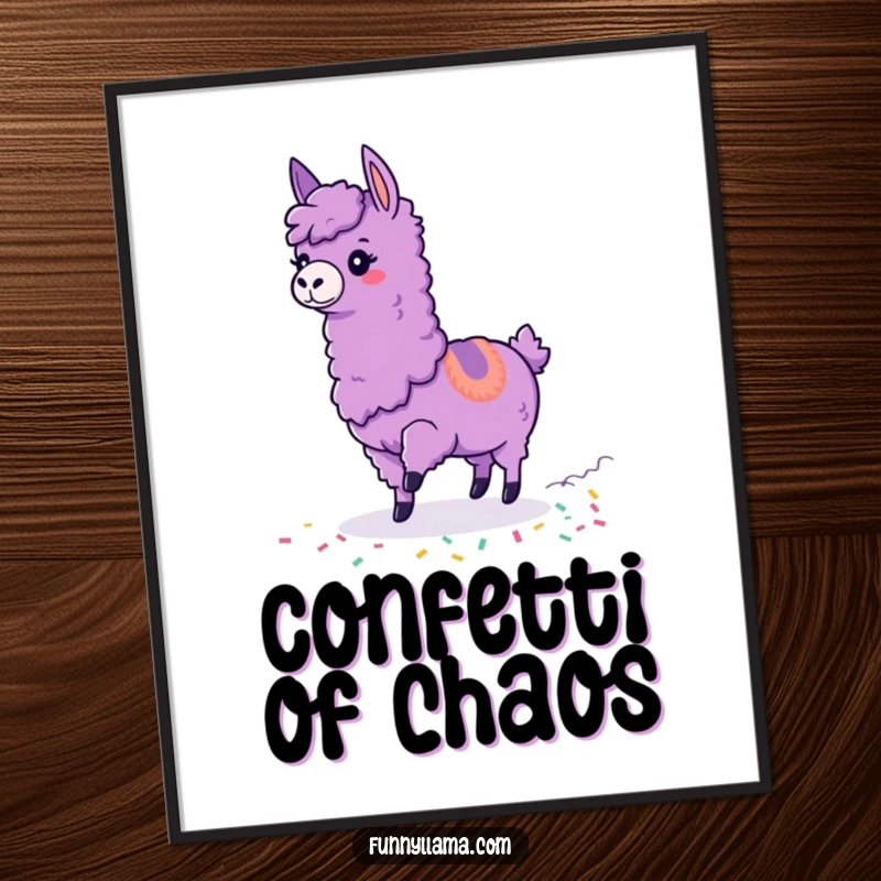 Funny Tripping Llama Digital Art Print of a purple llama tripping with colorful confetti trailing, perfect for instant humorous decor.