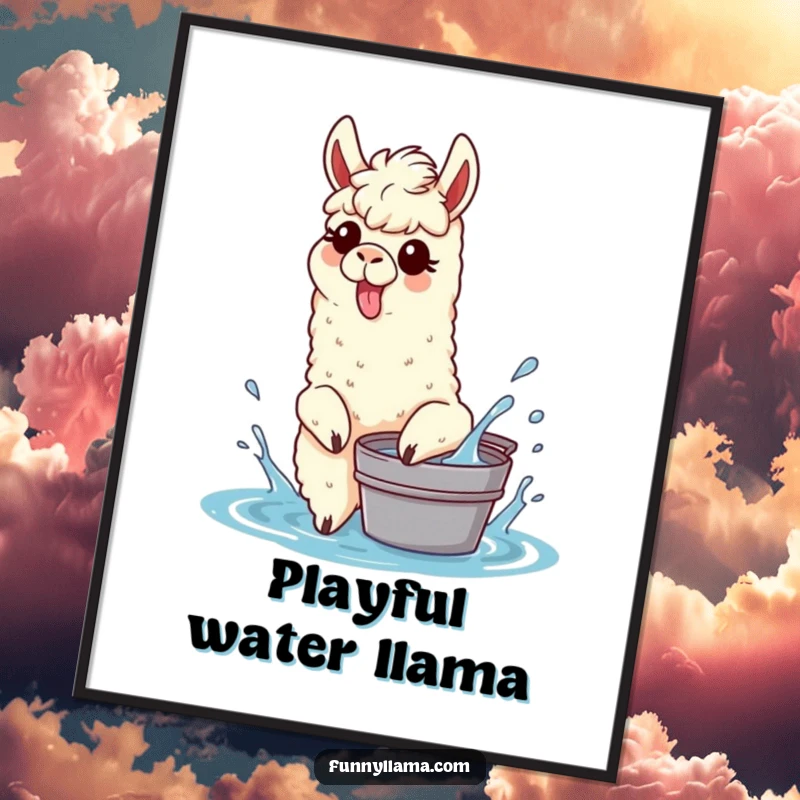 Funny Splashing Llama Digital Art Print of a llama with its tongue sticking out, playfully splashing water from a bucket, perfect for instant decor.