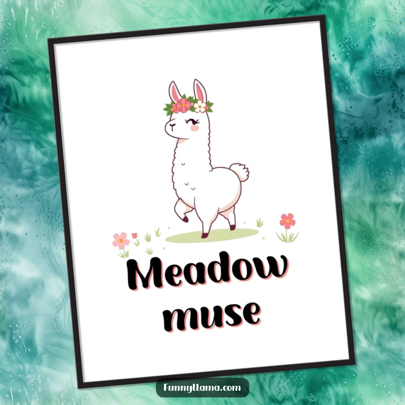 Funny Llama Digital Art: Whimsical illustration of a stylized llama with a flower crown twirling joyfully in a meadow.