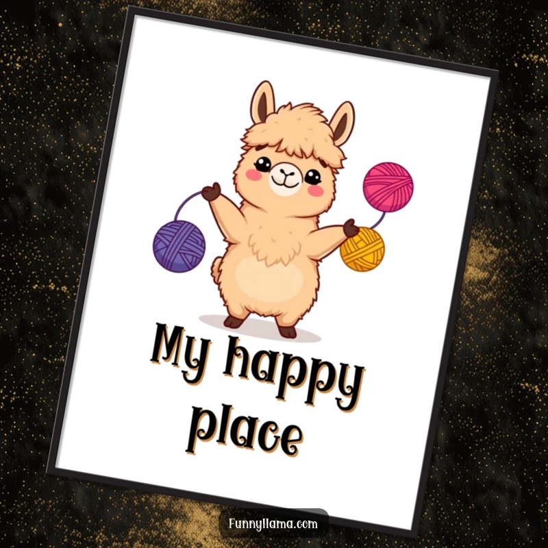 Funny Llama Digital Art Print of a fuzzy brown llama with a comical grin, juggling three bright yarn balls, perfect for instant decor.