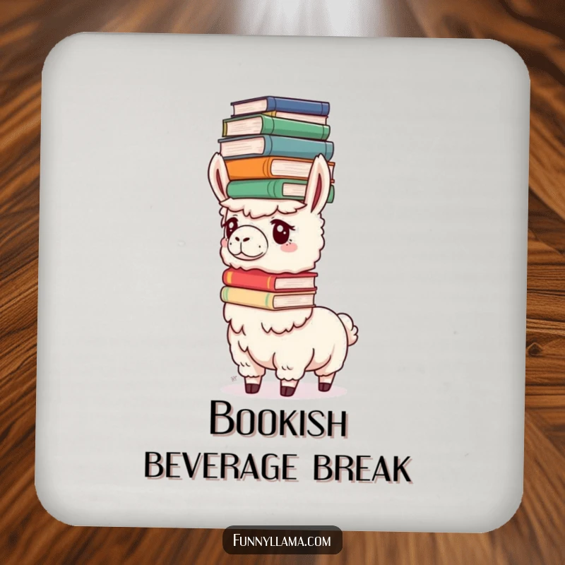 Funny Determined Llama Coaster with a llama balancing books on its head, adding humorous and intellectual decor.
