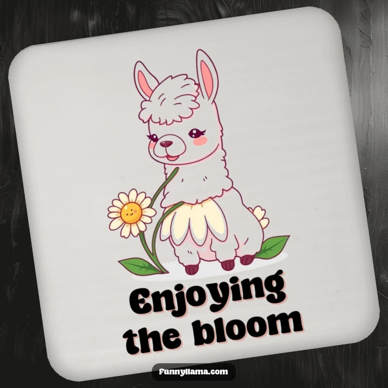 Funny llama daisy coasters depicting a contented llama eating a daisy, offering peaceful and humorous table protection.