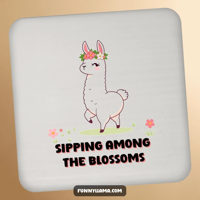 Funny Llama Coaster: A protective coaster featuring a stylized llama with a flower crown twirling joyfully in a meadow.