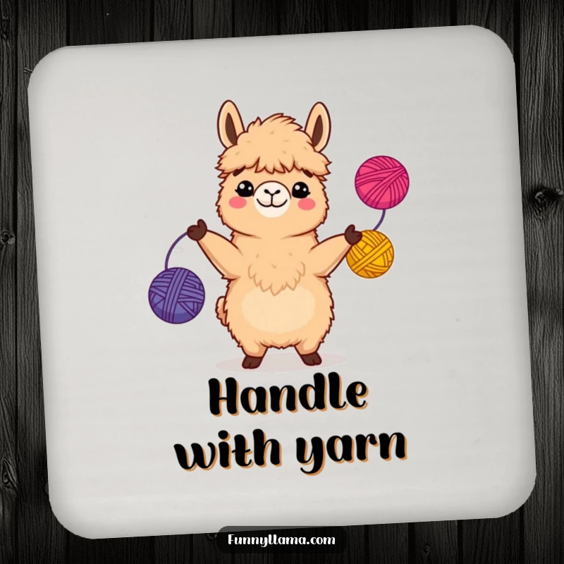 Funny Llama Coaster with a fuzzy brown llama juggling colorful yarn balls, adding a comical touch to drink protection.