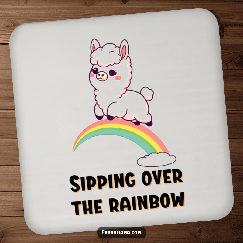 Funny Llama Coaster: A protective coaster featuring a fluffy llama with a goofy grin leaping over a rainbow, adding fun.