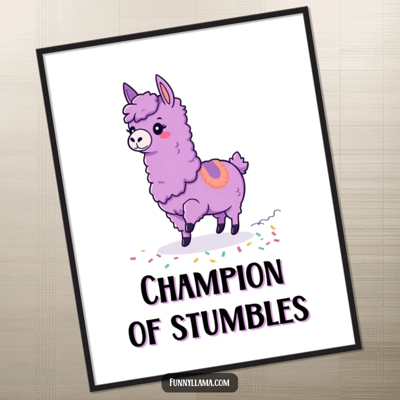 Funny Tripping Llama Poster of a purple llama tripping with colorful confetti trailing, a humorous and artistic depiction.