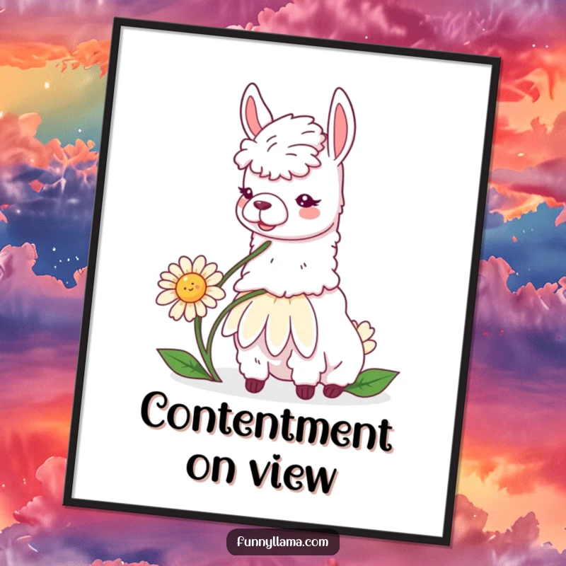 Funny llama daisy poster showing a contented llama munching on a large daisy, creating a peaceful and humorous scene.