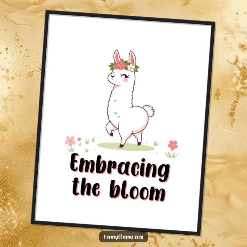 Funny Llama Poster: Stylized art of a llama with a flower crown twirling joyfully in a meadow, adding whimsical decor.