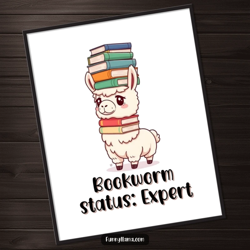 Funny Determined Llama Poster of a llama concentrating hard while balancing a stack of large books on its head, symbolizing effort.