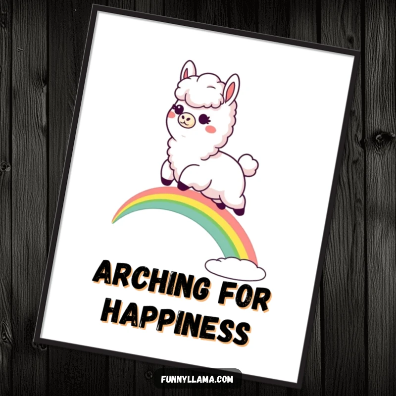 Funny Llama Poster: Whimsical art of a fluffy llama with a goofy grin leaping over a bright rainbow, adding cheer.