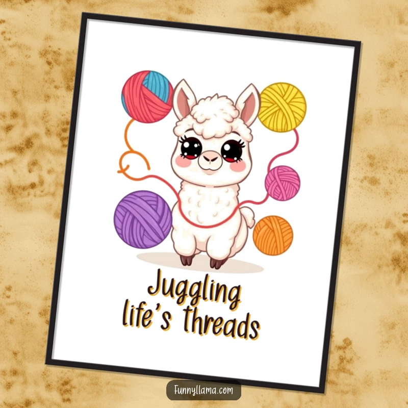 Funny Llama Poster: Whimsical art of a cheerful llama juggling colorful yarn balls, perfect for craft room decor.