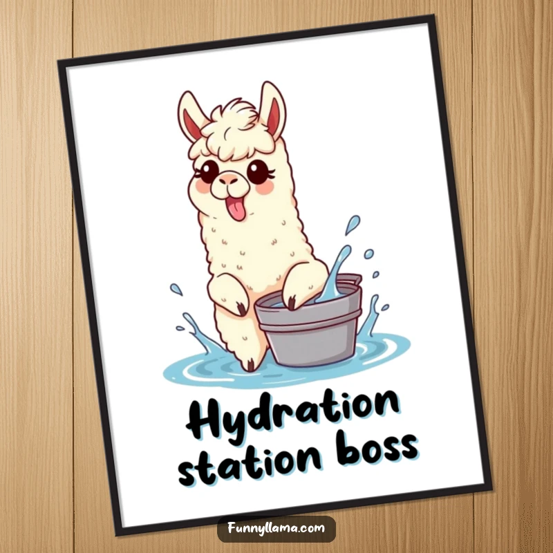 Funny Splashing Llama Poster of a llama with its tongue sticking out, playfully splashing water from a bucket, full of joyful energy.