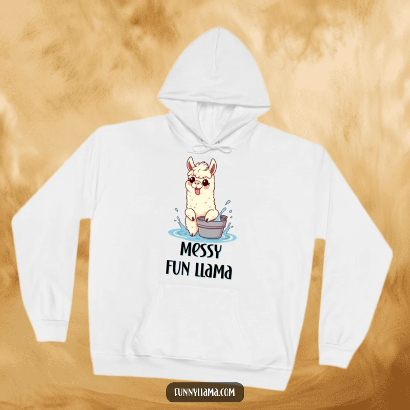 Funny Splashing Llama Hoodie showcasing a llama with its tongue out, playfully splashing water from a bucket, perfect for cool days.