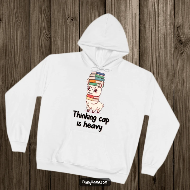 Funny Determined Llama Hoodie showcasing a llama intently balancing a stack of large books on its head, radiating focused energy.