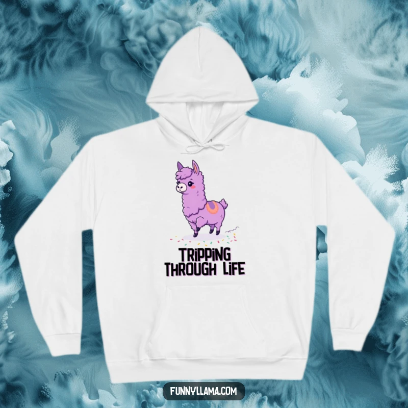 Funny Tripping Llama Hoodie showcasing a purple llama tripping over its feet, with colorful confetti trailing, capturing a moment of funny clumsiness.