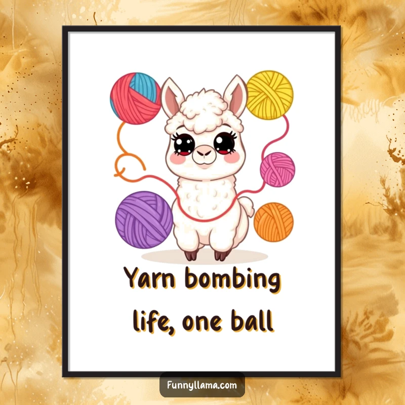 Funny Free Printable Llama Wall Art: Cheerful llama with wide eyes juggles colorful yarn balls, adding playful decor.