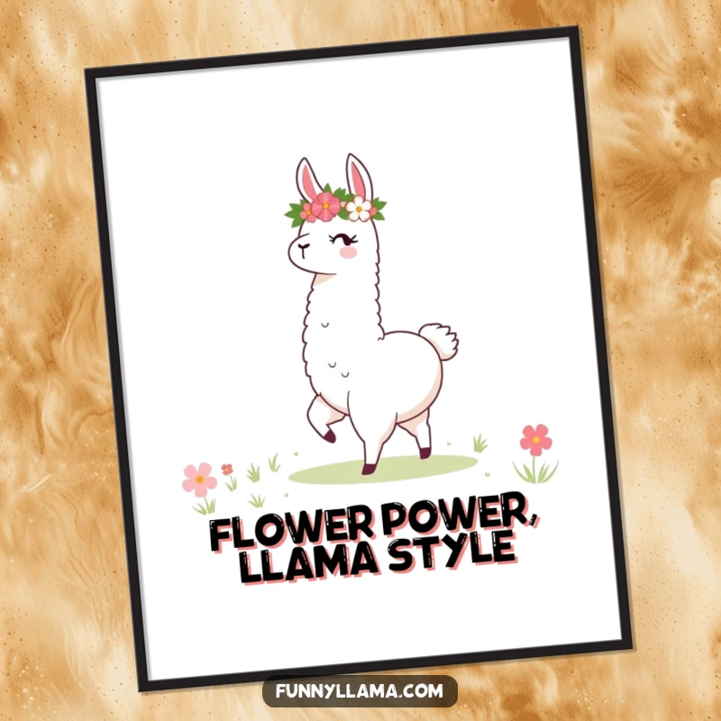 Funny Free Printable Llama Wall Art: Stylized llama in a flower crown twirls excitedly in a meadow, whimsical decor.