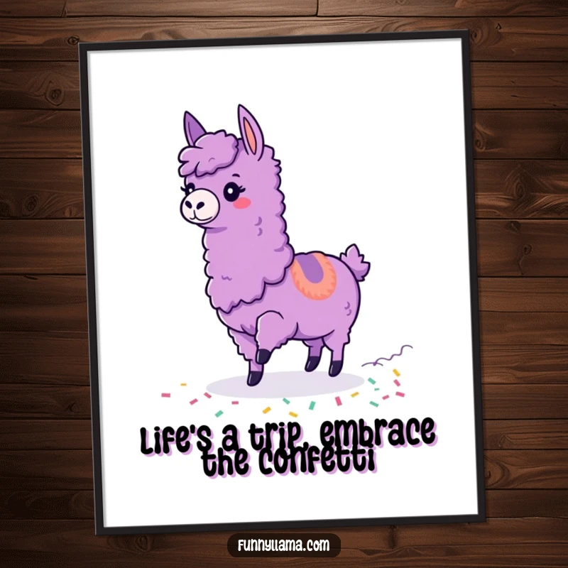 Funny Free Printable Wall Art: A purple llama comically tripping over its feet, with a vibrant string of colorful confetti trailing behind.