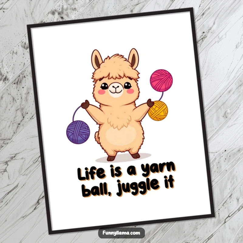 Funny Free Printable Wall Art: A fuzzy brown llama with a comical grin, skillfully juggling three brightly colored yarn balls, adding whimsy.