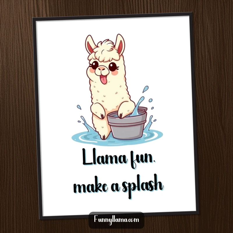 Funny Free Printable Wall Art: A llama with its tongue sticking out, playfully splashing water from a small bucket, creating a fun scene.