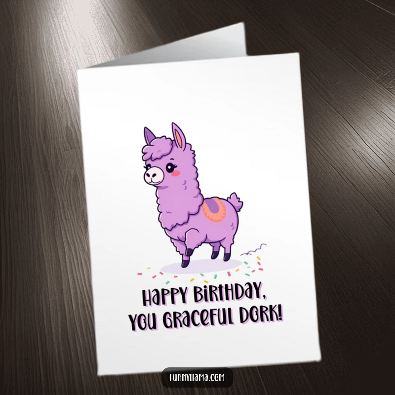 Funny Free Printable Birthday Card: A purple llama hilariously tripping over its feet, trailing a delightful string of colorful confetti.
