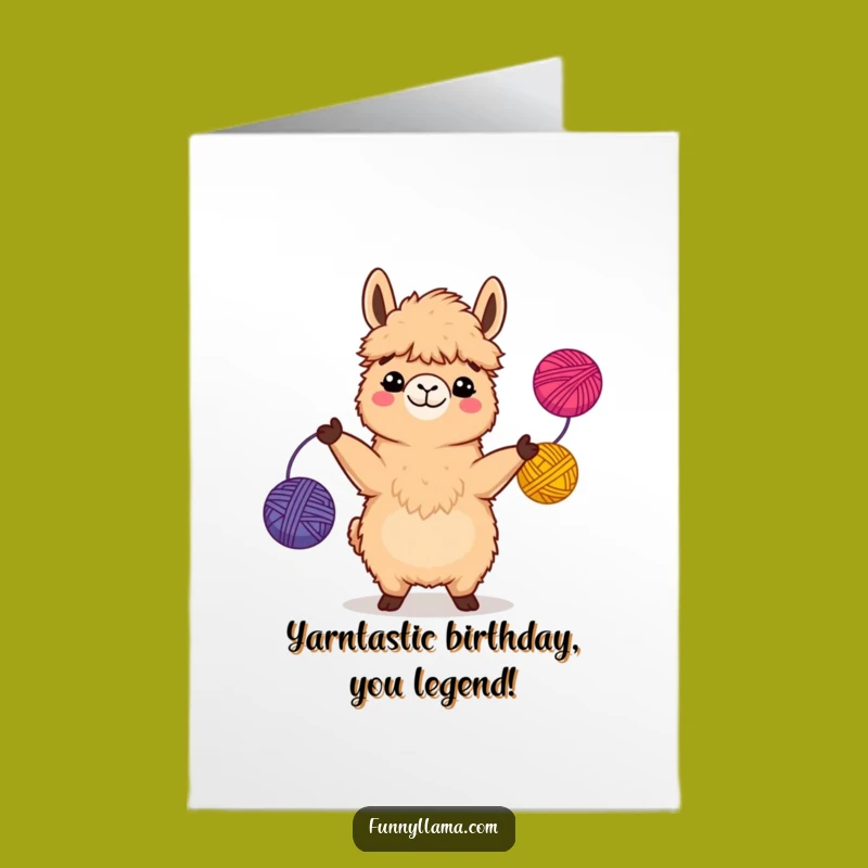 Free Printable Birthday Card: Funny Grinning Llama Juggling Yarn - A Hilarious Downloadable Gift