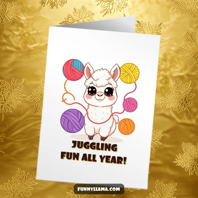 Funny Free Printable Llama Birthday Card: Cheerful llama with wide eyes juggles colorful yarn balls, bringing playful birthday wishes.