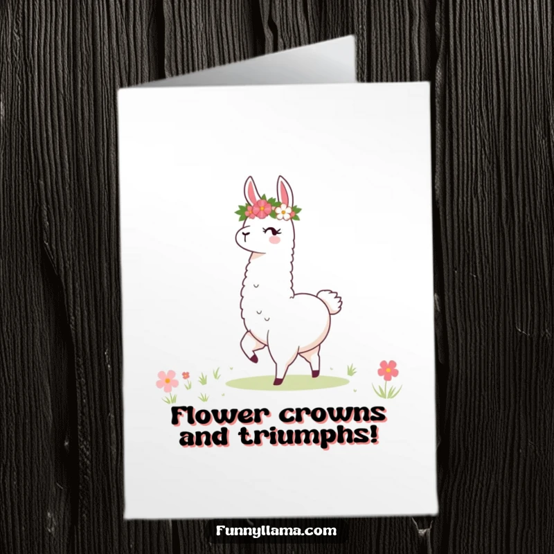 Funny Free Printable Llama Congratulations Card: Stylized llama with flower crown twirls excitedly, a humorous way to celebrate wins.