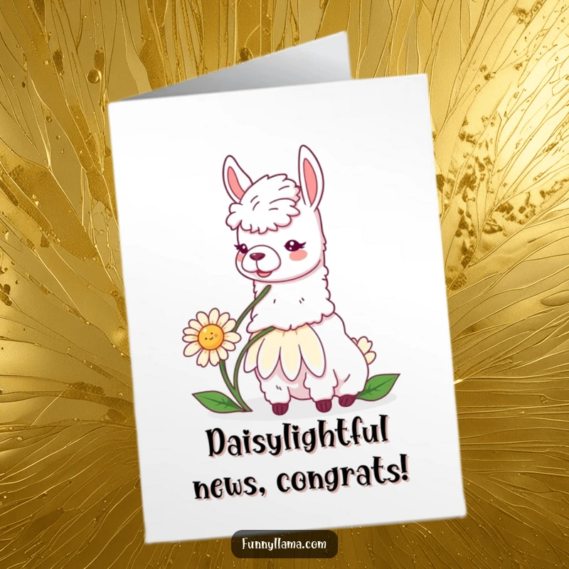 Free Printable Congrats Card: A contented llama happily munching a giant daisy, signifying peaceful celebration. Joyful and unique.