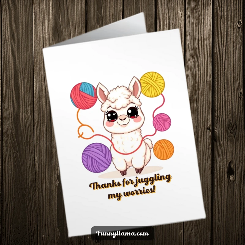 Funny Free Printable Llama Thank You Card: Cheerful llama juggles yarn balls, a humorous and heartfelt way to say thank you.