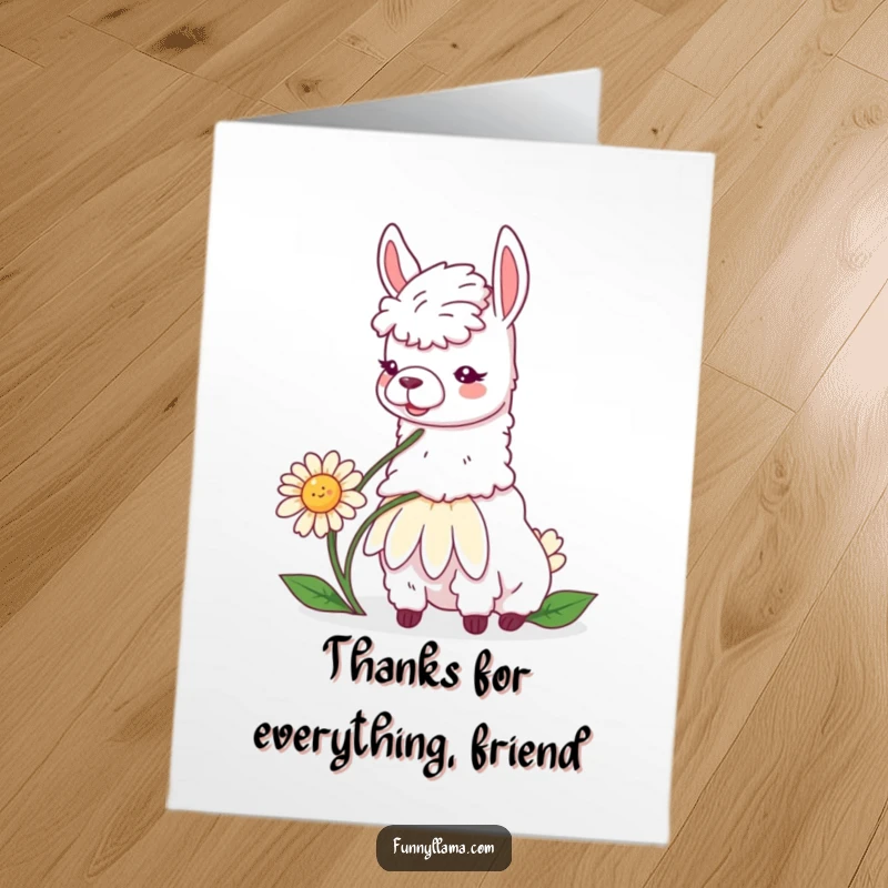 Free Printable Thank You Card: A contented llama enjoying a giant daisy, conveying peaceful gratitude. Sweet and charming.