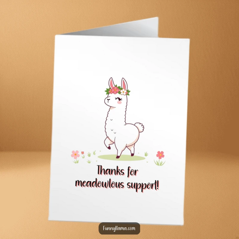 Funny Free Printable Llama Thank You Card: Llama in a flower crown twirls, a funny and heartfelt way to show thanks.