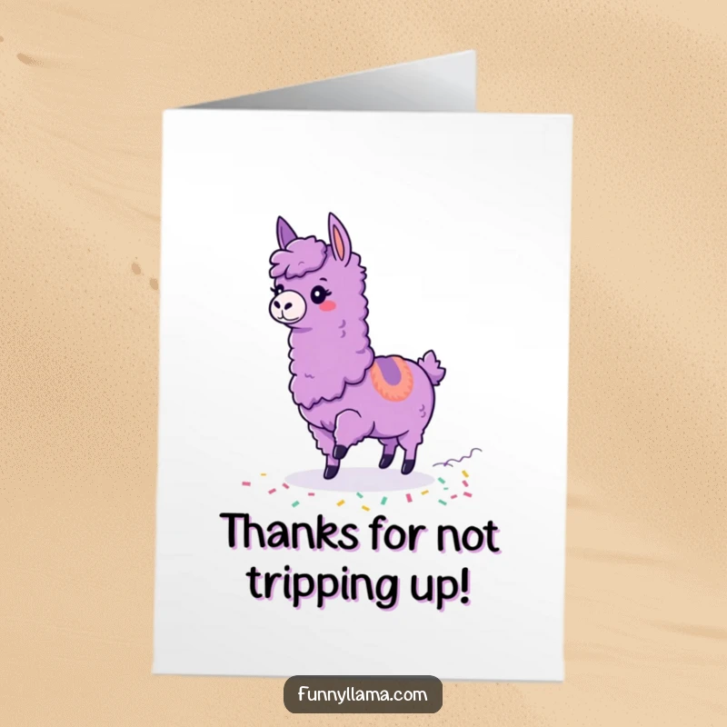 Funny Free Printable Thank You Card: A purple llama hilariously tripping over its own feet, leaving a trail of colorful confetti.