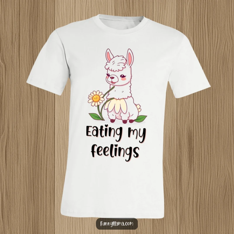 Funny llama t-shirt with a contented llama blissfully eating a giant daisy, embodying peaceful and amusing vibes.