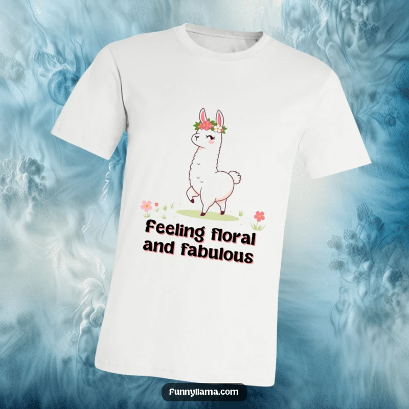 Funny Llama T-Shirt: A stylized llama with a flower crown happily twirling in a meadow, perfect for nature lovers.