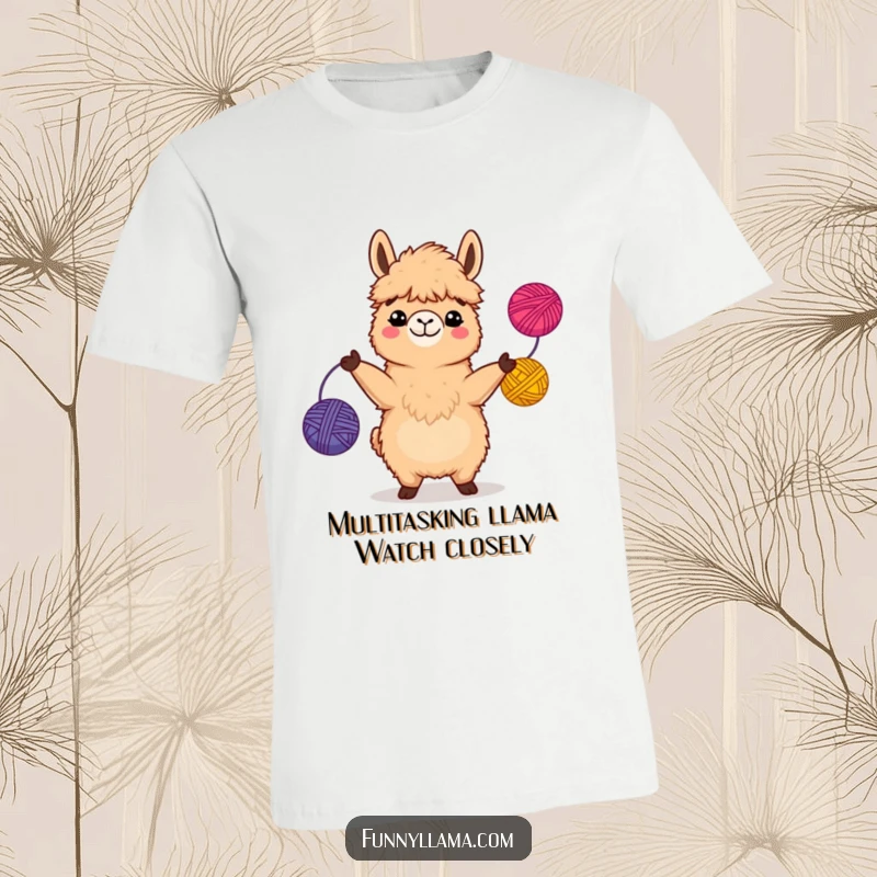 Funny Llama T-Shirt with a fuzzy brown llama grinning wildly while juggling three bright yarn balls, a hilarious sight for any fan.
