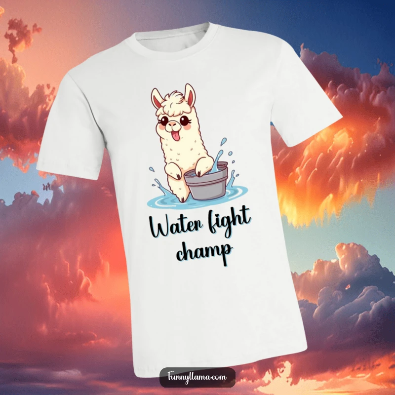 Funny Splashing Llama T-Shirt with a llama sticking its tongue out, playfully splashing water from a bucket, embodying summer fun.
